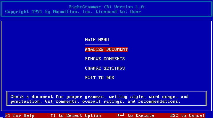 RightGrammar 1.0 - Menu